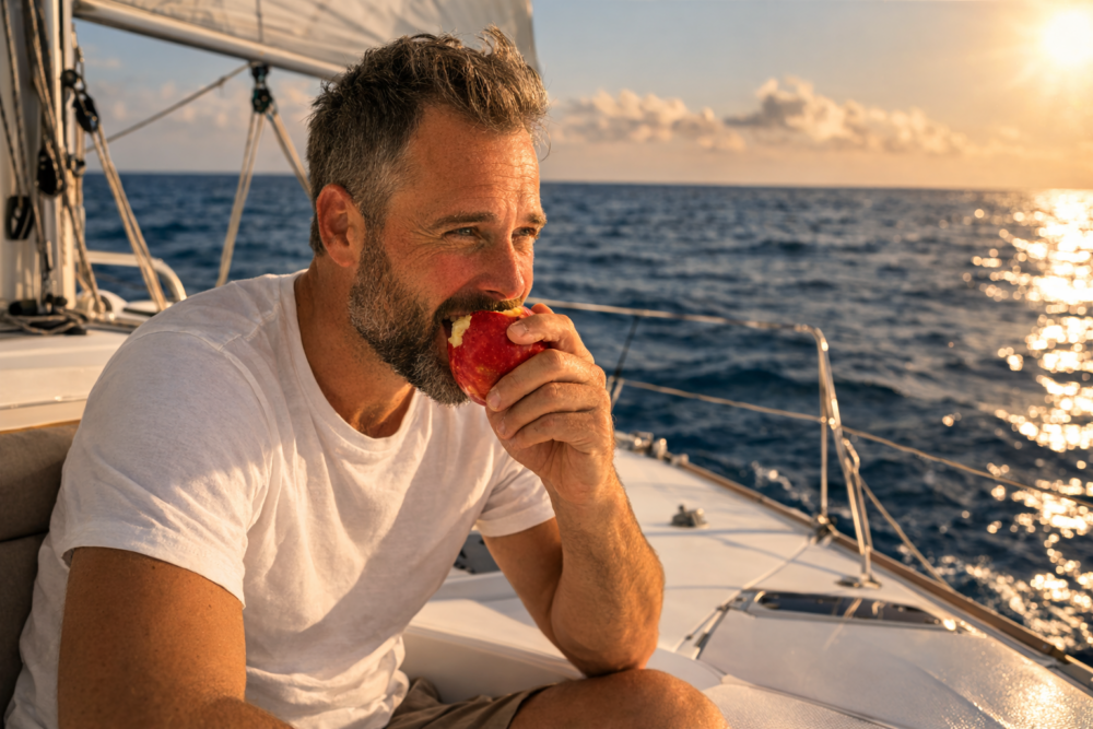 Mann ist Apfel uf einem Segelboot in der Nachmittgssonne